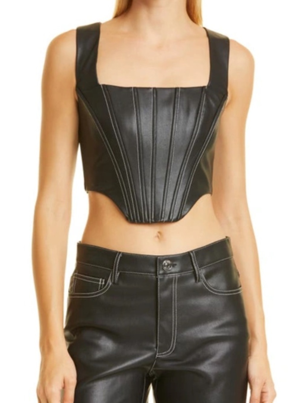 STAUD Alice Vegan Leather Corset Top in Black